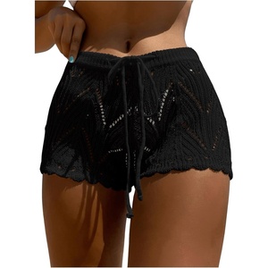 image:imageRoseSeek Womens Drawstring Waist Crochet Cover Up Shorts Tie Front Hollow Out BottomBlack