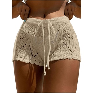 image:imageRoseSeek Womens Drawstring Waist Crochet Cover Up Shorts Tie Front Hollow Out BottomLight Khaki