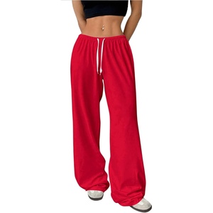 image:imageRoseSeek Womens Drawstring Waist Straight Streetwear Long Wide Leg Pants Casual Loose Baggy Workout Long Fall SweatpantsDark Red