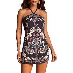 image:imageRoseSeek Womens Floral Boho Dress Criss Cross Tie Backless Mini Dresses Halter A Line SundressBlack Pattern