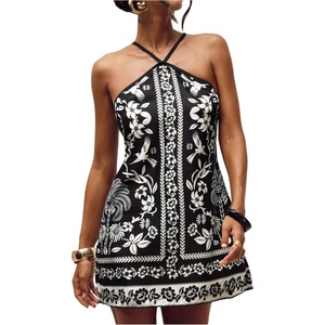 image:imageRoseSeek Womens Floral Boho Dress Criss Cross Tie Backless Mini Dresses Halter A Line SundressBlack and White
