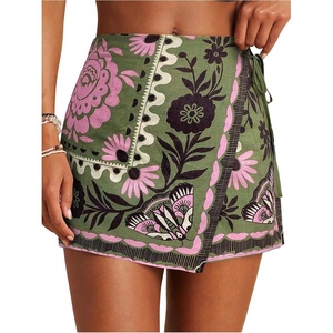 image:imageRoseSeek Womens Floral Graphic Skirt Shorts Drawstring Waist Tropical Boho Wrap SkortsGreen