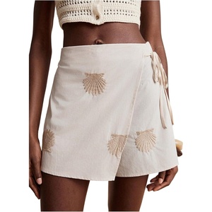 image:imageRoseSeek Womens Floral Graphic Skirt Shorts Drawstring Waist Tropical Boho Wrap SkortsKhaki White