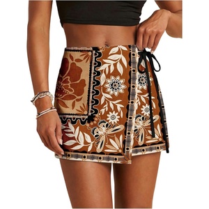 image:imageRoseSeek Womens Floral Graphic Skirt Shorts Drawstring Waist Tropical Boho Wrap SkortsMulticolor Brown
