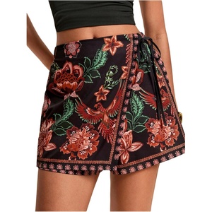 image:imageRoseSeek Womens Floral Graphic Skirt Shorts Drawstring Waist Tropical Boho Wrap SkortsMulticolor Red