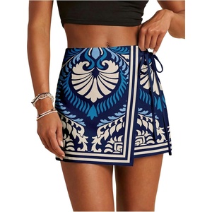 image:imageRoseSeek Womens Floral Graphic Skirt Shorts Drawstring Waist Tropical Boho Wrap SkortsWhite Blue