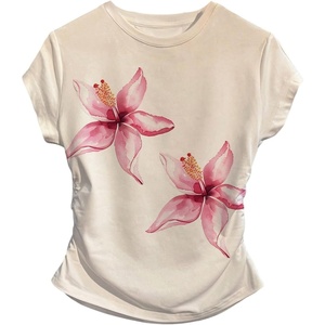 image:imageRoseSeek Womens Floral Graphic Tees Crew Neck Cap Sleeve T Shirts Side Ruched Cute TopsMulticolor