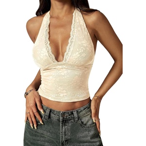 image:imageRoseSeek Womens Floral Lace Deep V Neck Halter Tops Y2K Backless Summer Going Out Crop Tank TopApricot