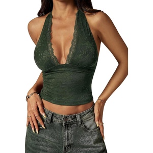 image:imageRoseSeek Womens Floral Lace Deep V Neck Halter Tops Y2K Backless Summer Going Out Crop Tank TopArmy Green