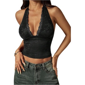 image:imageRoseSeek Womens Floral Lace Deep V Neck Halter Tops Y2K Backless Summer Going Out Crop Tank TopBlack