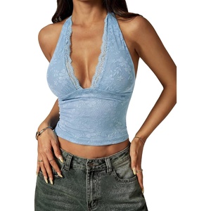 image:imageRoseSeek Womens Floral Lace Deep V Neck Halter Tops Y2K Backless Summer Going Out Crop Tank TopBlue
