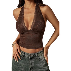 image:imageRoseSeek Womens Floral Lace Deep V Neck Halter Tops Y2K Backless Summer Going Out Crop Tank TopCoffee Brown
