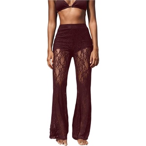 image:imageRoseSeek Womens Floral Lace Sheer Mesh Flare Pants Elastic High Waisted Long TrousersRedwood