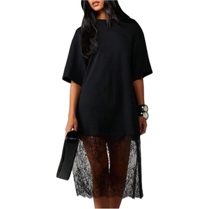 image:imageRoseSeek Womens Floral Lace Sheer Wedding Guest Dress Elegant Short Sleeve Crew Neck Midi DressesBlack