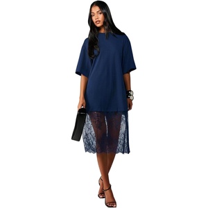 image:imageRoseSeek Womens Floral Lace Sheer Wedding Guest Dress Elegant Short Sleeve Crew Neck Midi DressesDeep Blue