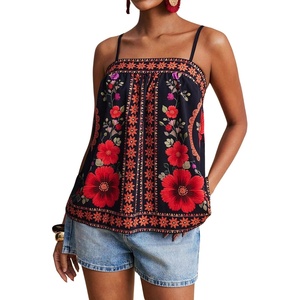 image:imageRoseSeek Womens Floral Tropical Boho Tank Tops Spaghetti Strap Summer Tops Beach Vacation Outfits CamisoleBlack and Red