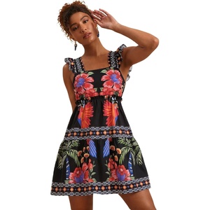 image:imageRoseSeek Womens Floral Tropical Graphic Short Dress Boho Ruffle Hem Sleeveless Vacation Tank DressBlack and Red