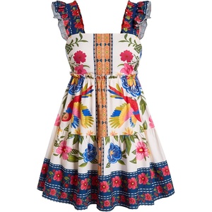 image:imageRoseSeek Womens Floral Tropical Graphic Short Dress Boho Ruffle Hem Sleeveless Vacation Tank DressMulticolor Blue