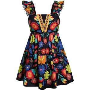 image:imageRoseSeek Womens Floral Tropical Graphic Short Dress Boho Ruffle Hem Sleeveless Vacation Tank DressMulticolor Floral Black