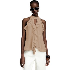 image:imageRoseSeek Womens Flowy Going Out Halter Tops Ruffle Mesh Tops Cut Out Sleeveless Tie Neck Tank Top Summer OutfitApricot