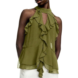 image:imageRoseSeek Womens Flowy Going Out Halter Tops Ruffle Mesh Tops Cut Out Sleeveless Tie Neck Tank Top Summer OutfitArmy Green