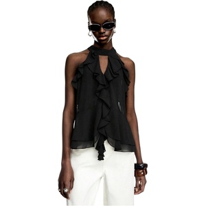 image:imageRoseSeek Womens Flowy Going Out Halter Tops Ruffle Mesh Tops Cut Out Sleeveless Tie Neck Tank Top Summer OutfitBlack