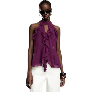 image:imageRoseSeek Womens Flowy Going Out Halter Tops Ruffle Mesh Tops Cut Out Sleeveless Tie Neck Tank Top Summer OutfitBrown