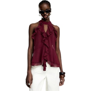 image:imageRoseSeek Womens Flowy Going Out Halter Tops Ruffle Mesh Tops Cut Out Sleeveless Tie Neck Tank Top Summer OutfitBurgundy