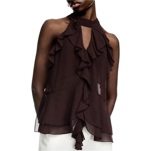 image:imageRoseSeek Womens Flowy Going Out Halter Tops Ruffle Mesh Tops Cut Out Sleeveless Tie Neck Tank Top Summer OutfitCoffee Brown