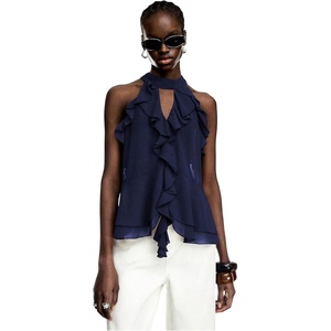 image:imageRoseSeek Womens Flowy Going Out Halter Tops Ruffle Mesh Tops Cut Out Sleeveless Tie Neck Tank Top Summer OutfitDeep Blue