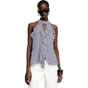image:imageRoseSeek Womens Flowy Going Out Halter Tops Ruffle Mesh Tops Cut Out Sleeveless Tie Neck Tank Top Summer OutfitDusty Blue