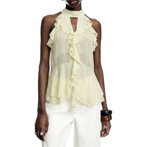 image:imageRoseSeek Womens Flowy Going Out Halter Tops Ruffle Mesh Tops Cut Out Sleeveless Tie Neck Tank Top Summer OutfitLight Yellow