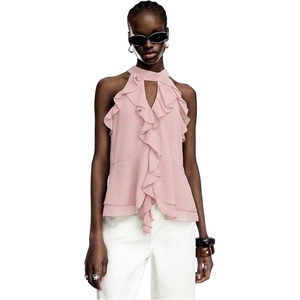 image:imageRoseSeek Womens Flowy Going Out Halter Tops Ruffle Mesh Tops Cut Out Sleeveless Tie Neck Tank Top Summer OutfitPink