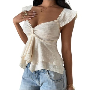 image:imageRoseSeek Womens Flowy Going Out Tank Top Sweetheart Neck Cap Sleeve Summer Ruffle Elegant Crop TopsApricot