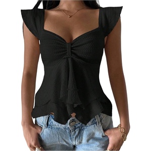 image:imageRoseSeek Womens Flowy Going Out Tank Top Sweetheart Neck Cap Sleeve Summer Ruffle Elegant Crop TopsBlack
