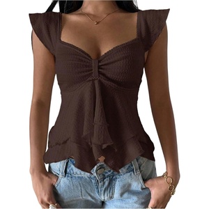 image:imageRoseSeek Womens Flowy Going Out Tank Top Sweetheart Neck Cap Sleeve Summer Ruffle Elegant Crop TopsBrown