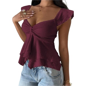 image:imageRoseSeek Womens Flowy Going Out Tank Top Sweetheart Neck Cap Sleeve Summer Ruffle Elegant Crop TopsBurgundy