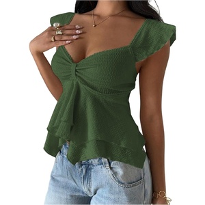 image:imageRoseSeek Womens Flowy Going Out Tank Top Sweetheart Neck Cap Sleeve Summer Ruffle Elegant Crop TopsGreen