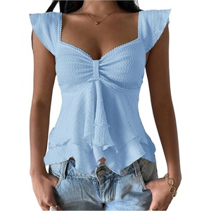 image:imageRoseSeek Womens Flowy Going Out Tank Top Sweetheart Neck Cap Sleeve Summer Ruffle Elegant Crop TopsLight Blue