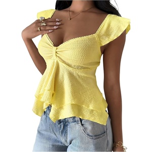 image:imageRoseSeek Womens Flowy Going Out Tank Top Sweetheart Neck Cap Sleeve Summer Ruffle Elegant Crop TopsLight Yellow