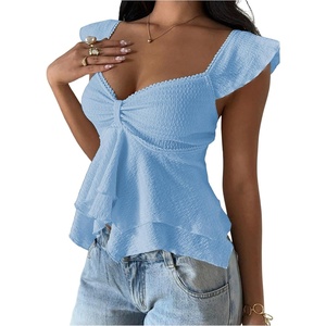 image:imageRoseSeek Womens Flowy Going Out Tank Top Sweetheart Neck Cap Sleeve Summer Ruffle Elegant Crop TopsMedium Blue