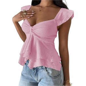 image:imageRoseSeek Womens Flowy Going Out Tank Top Sweetheart Neck Cap Sleeve Summer Ruffle Elegant Crop TopsPink