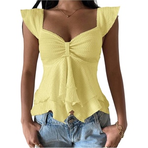 image:imageRoseSeek Womens Flowy Going Out Tank Top Sweetheart Neck Cap Sleeve Summer Ruffle Elegant Crop TopsYellow