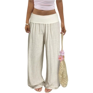 image:imageRoseSeek Womens Fold Over Low Rise Linen Pants Wide Leg Casual Lounge Pants Vacation TrousersApricot