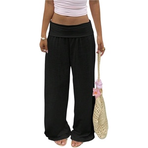 image:imageRoseSeek Womens Fold Over Low Rise Linen Pants Wide Leg Casual Lounge Pants Vacation TrousersBlack