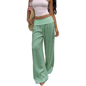 image:imageRoseSeek Womens Fold Over Low Rise Linen Pants Wide Leg Casual Lounge Pants Vacation TrousersGreen