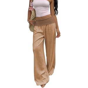 image:imageRoseSeek Womens Fold Over Low Rise Linen Pants Wide Leg Casual Lounge Pants Vacation TrousersKhaki