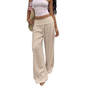 image:imageRoseSeek Womens Fold Over Low Rise Linen Pants Wide Leg Casual Lounge Pants Vacation TrousersLight Apricot