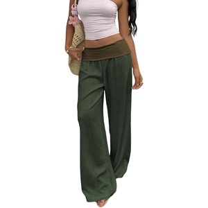 image:imageRoseSeek Womens Fold Over Low Rise Linen Pants Wide Leg Casual Lounge Pants Vacation TrousersOlive Green