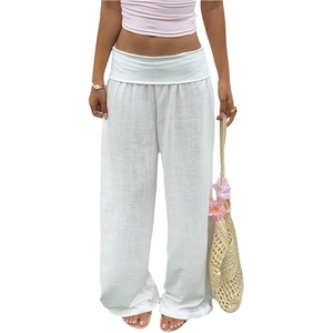image:imageRoseSeek Womens Fold Over Low Rise Linen Pants Wide Leg Casual Lounge Pants Vacation TrousersWhite